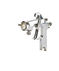 Professional Manual Pneumatic Paint Sprayer With Hella Adjustable Wide Fan Pattern For Smooth Auto Touch Ups And Precision Painting Tasks Lightweight Ergonomic Design For All Day Use, chrome finish, side view.