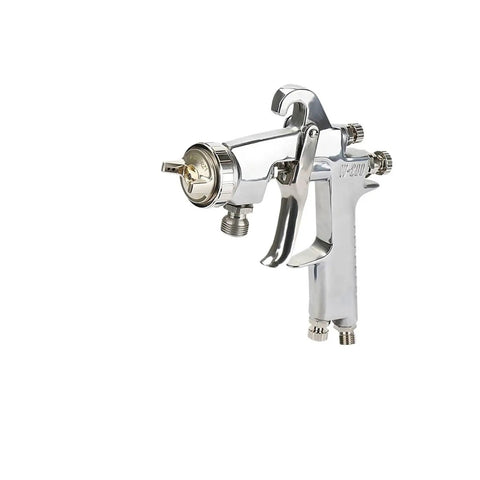 Professional Manual Pneumatic Paint Sprayer With Hella Adjustable Wide Fan Pattern For Smooth Auto Touch Ups And Precision Painting Tasks Lightweight Ergonomic Design For All Day Use, chrome finish, side view.
