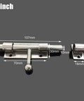 Heavy Duty Stainless Steel Barrel Bolt Latch Built Tough Silver Slide Lock For Outdoor Patio Gates with dimensions displayed.
