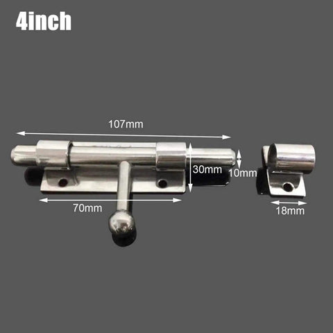Heavy Duty Stainless Steel Barrel Bolt Latch Built Tough Silver Slide Lock For Outdoor Patio Gates with dimensions displayed.