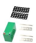 Heavy Duty DIY Lithium Battery Case For 12 Volt Projects With Nickel Straps And 3X7 Cell Slots in green with accessories.