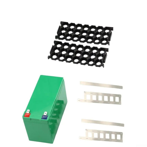 Heavy Duty DIY Lithium Battery Case For 12 Volt Projects With Nickel Straps And 3X7 Cell Slots in green with accessories.