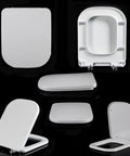 White Square Elongated Toilet Seat Featuring Quiet Soft Close Lids And Quick Release Hinges For No Sweat Top Mount Installation Heavy Duty Molded Plastic That Will Not Crack Or Yellow Making Your Restroom Sharp Sweet All Year, shown from multiple angles.