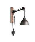 Badass Industrial Pulley Wall Sconce Featuring Solid Black Iron Rope Lighting with adjustable height, ideal for living room.