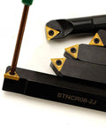Close-up of Five Piece Indexable Lathe Tool Set With Half Inch Shank Including Four Carbide Turning Tool Holders And One Boring Bar