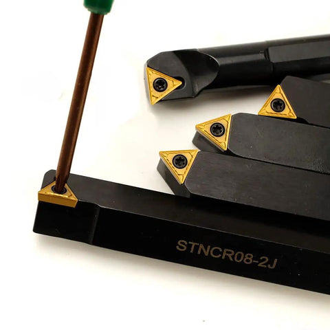 Close-up of Five Piece Indexable Lathe Tool Set With Half Inch Shank Including Four Carbide Turning Tool Holders And One Boring Bar