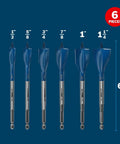 Set of six blue 6-inch boring bits with reinforced reamer edges for nail embedded wood, heavy duty performance.