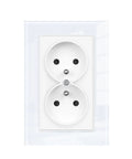 Stunning French Style 16A Double Wall Socket Boasts Tempered Glass Panel And Fresh Black Look For 220V Systems Slips Into European Round Boxes Smoothly With Rock Solid Build That Hangs Tough For Crib Reno Projects 122X82mm - white double outlet with black holes and glass panel.