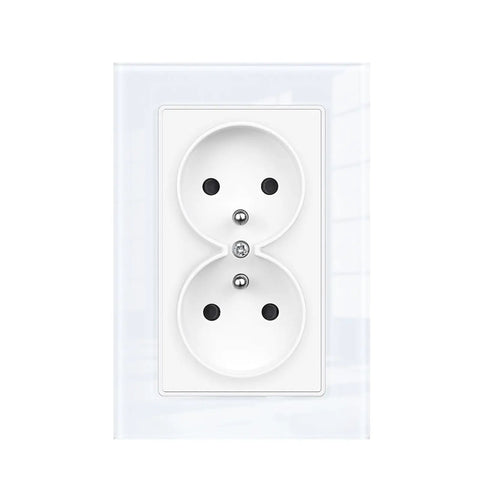 Stunning French Style 16A Double Wall Socket Boasts Tempered Glass Panel And Fresh Black Look For 220V Systems Slips Into European Round Boxes Smoothly With Rock Solid Build That Hangs Tough For Crib Reno Projects 122X82mm - white double outlet with black holes and glass panel.