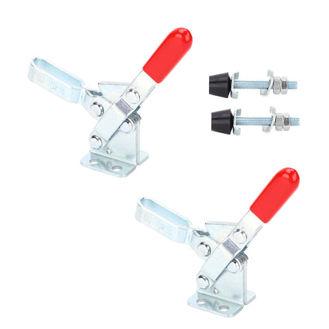 Two Pack Welding Toggle Clamp Set With Quick Release Latch And Hold Down Features, Heavy Duty Clamp For Woodworking Jigs And Fixtures, GH 102 B Horizontal Fixture Elbow Compressor For Secure, Precise Assembly And Repeated Use, showing two clamps with red handles and bolts.