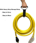 25 Foot L14-30P To Four 5-20R Beefed Up Generator Extension Power Cord For 30 Amp 125/250V, shown coiled with storage strap