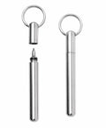 Heavy Hitter Tungsten Carbide Scriber Etching Pen With Lockdown Keychain Carabiner Clip shown in stainless steel, closed and open views.