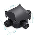 IP68 Waterproof Junction Box For Outdoor Lighting, 3-Way Cable Connectors, black box with dimensions and rubber grommets