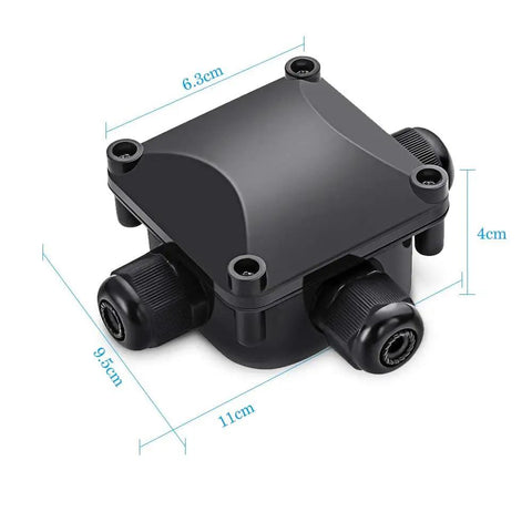 IP68 Waterproof Junction Box For Outdoor Lighting, 3-Way Cable Connectors, black box with dimensions and rubber grommets