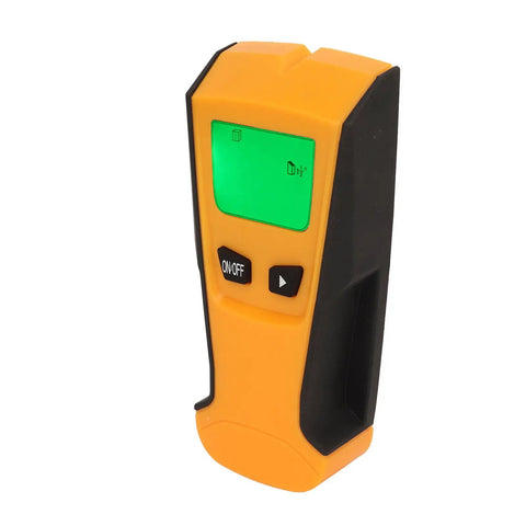 Aramox Wall Scanner Stud Finder, PC ABS Cordless Stud Detector for Metal Wood, LCD Green Backlit Screen close-up view from side.