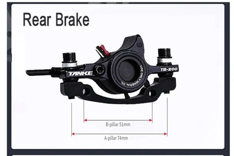 Premium Rear Hydraulic Disc Brake Kit For Mountain Bikes Featuring Buttery Smooth 1250mm Line And Two Piston Rustproof Aluminum Caliper With Iso Pm Adapter showing TB-200 rear brake assembly.