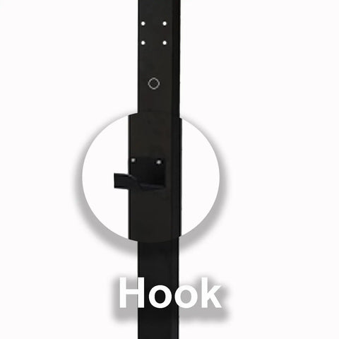 Close-up of hook on Tough As Nails Galvanized Steel EV Charger Station Box Outdoor Weatherproof Cable Organizer Cabinet Black.