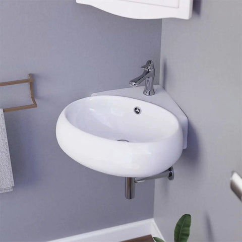 Corner Wall Mounted Bathroom Sink White 14.5 Inch With Overflow, Space Saving Basin installed in modern powder room corner