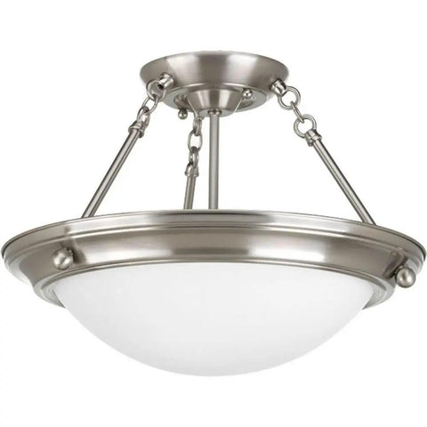 2-Light Eclipse Collection Close-To-Ceiling Light In Brushed Nickel With Satin White Glass 15-1/4 Inch Diameter 10-5/8 Inch Height Indoor Ceiling Fixture For Modern Hallways And Living Areas Model P3567-09, brushed nickel fixture with white glass.