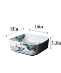 Square Sink Bowls For Bathroom,Ceramic Vessel Sink With Faucet And Drainer Above Counter White Porcelain Ceramic Vessel Vanity Sink With Flower, dimensions 15" L x 15" W x 5.3" H.