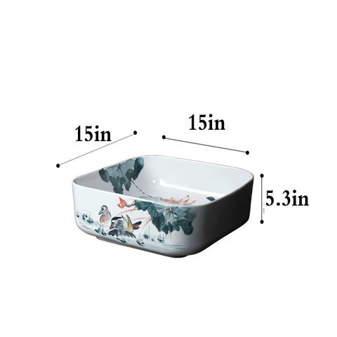 Square Sink Bowls For Bathroom,Ceramic Vessel Sink With Faucet And Drainer Above Counter White Porcelain Ceramic Vessel Vanity Sink With Flower, dimensions 15" L x 15" W x 5.3" H.