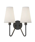 Two Light Wall Sconce Fixture In Black With Cream White Linen Lamp Shades, E12 Candelabra Base, 40W Max Per Bulb, Hardwired