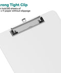 Close-up of Clear Plastic Clipboard 2 Pack For 8.5 By 11 Papers, Letter Size, with strong tight clip holding paper securely.