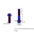 Two burnt-blue titanium M8x1.25 flanged hex bolts; front and side views.