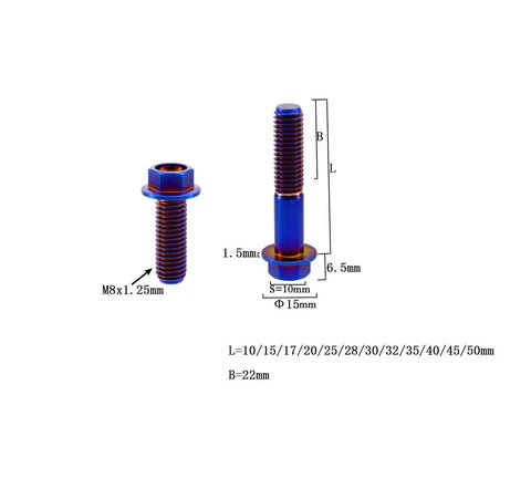 Two burnt-blue titanium M8x1.25 flanged hex bolts; front and side views.