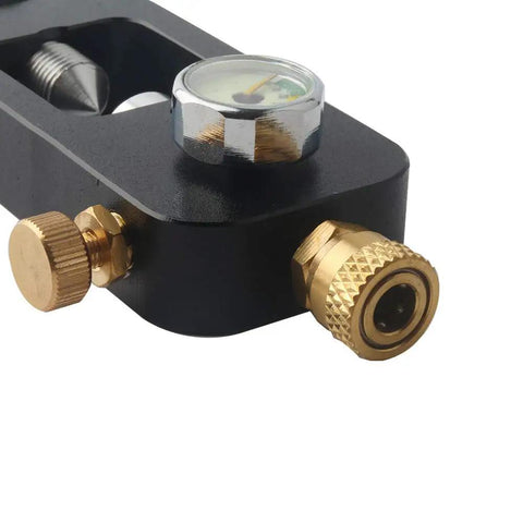 Close-up of DIN Valve Scuba Adapter for High Pressure 4500 PSI PCP Paintball with gauge, brass fittings, and quick disconnect