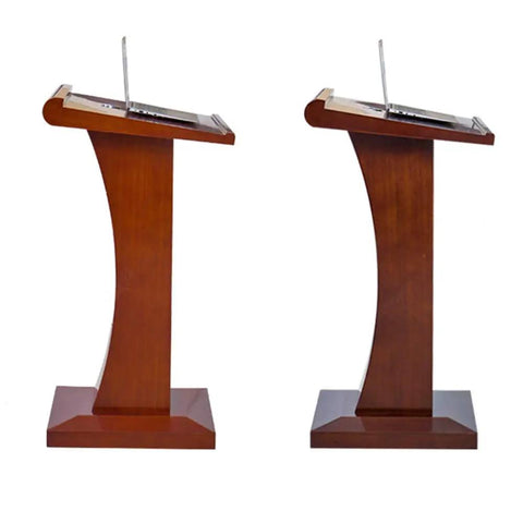 Rock Solid Wood Roll Away Lectern With Plenty Of Storage Space, two angles showcasing heavy-duty casters and elegant design.