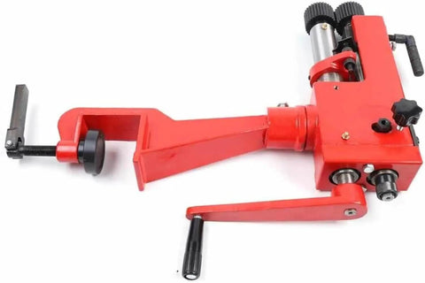 Red bead roller machine with manual rotary handle, featuring 6 dies for sheet metal bending. Heavy duty low carbon steel design for workshops.
