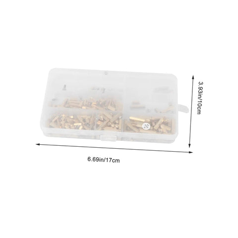 Straight Up Heavy Duty Brass Standoffs With Male Female Threaded Hex Spacers in organized storage case 6.69in x 3.93in.