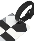 Compact Black And White Piano Grid Print Luggage Tags With Personalized Name Tags For Slick Travel Setup and No Sweat Baggage Identification Road Trip Ready Gear Making Finding Luggage A Breeze, showing tag close-up.