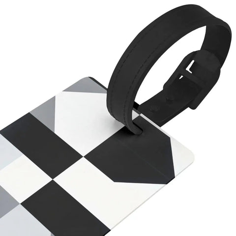 Compact Black And White Piano Grid Print Luggage Tags With Personalized Name Tags For Slick Travel Setup and No Sweat Baggage Identification Road Trip Ready Gear Making Finding Luggage A Breeze, showing tag close-up.