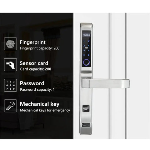 No Fuss Smart Door Lock With Fingerprint Tech And Keyless Access For Indoor Outdoor Security Featuring Waterproof 304 Stainless Steel Body Code Card Option And Automatic Deadbolt Locking Action