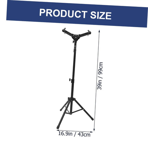 Professional Adjustable Snare Drum Stand and Portable Tripod Rack Built Tough for Indoor Sessions with Dope Stability and Sleek Black Finish for Badass Drummers side view with size dimensions displayed.