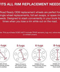 Diagram showing lug patterns for 4-lug, 5-lug, 6-lug, and 8-lug wheels for OEM replacement rims, including installation guidelines.