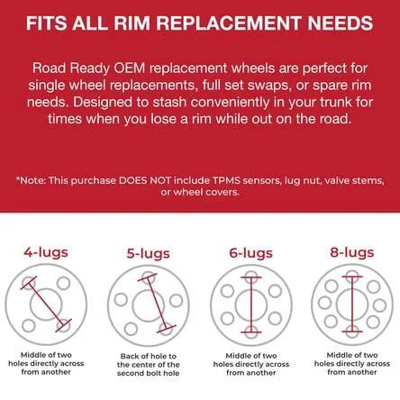 Diagram showing lug patterns for 4-lug, 5-lug, 6-lug, and 8-lug wheels for OEM replacement rims, including installation guidelines.