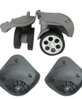 Thinking Process: gray rubber suitcase replacement wheel set, shown front and underside views