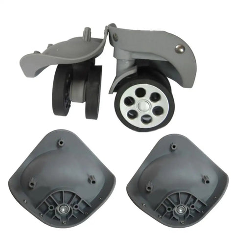 Thinking Process: gray rubber suitcase replacement wheel set, shown front and underside views