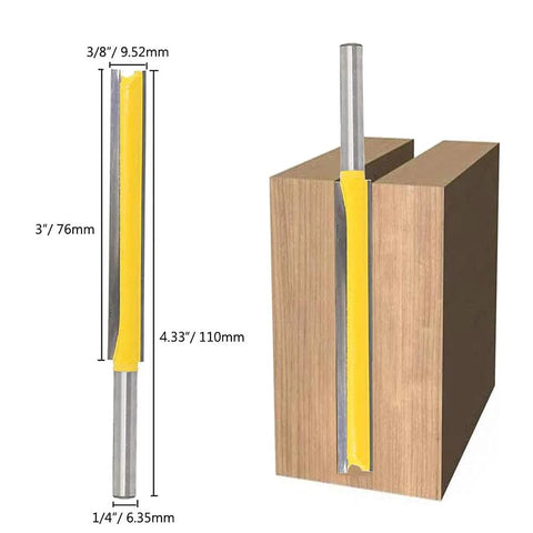 Two Piece Extra Long Straight Router Bit Set With One Quarter Inch Shank, Double Flute Grooving Bits For Trimming And Milling, product dimensions visible