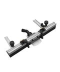 Slick Fit Aluminum Router Table Fence With T Track Slots Adjustable Flip Stop And Precision Miter Head viewed from above with rail and adjusters.