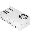 Beefed Up 36V 350W Industrial AC Power Supply For Security Monitoring And PLC Control Systems, Rugged Transformer Type, Compact High Efficiency Unit For Transportation Facilities And Industrial Applications. Silver metal enclosure with cooling fan