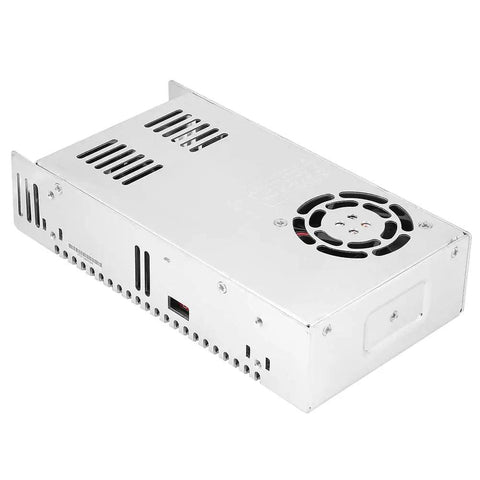 Beefed Up 36V 350W Industrial AC Power Supply For Security Monitoring And PLC Control Systems, Rugged Transformer Type, Compact High Efficiency Unit For Transportation Facilities And Industrial Applications. Silver metal enclosure with cooling fan