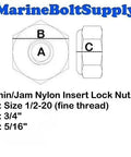 Diagram of Stainless Steel Thin Jam Nylon Insert Lock Nuts 1/2-20 Pack Of 10 For Marine And Industrial Use with dimensions.
