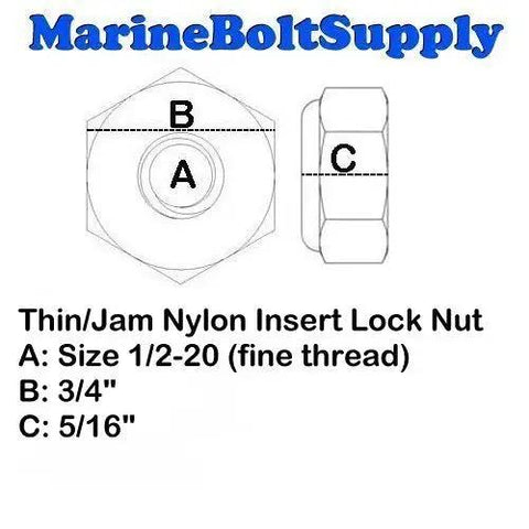 Diagram of Stainless Steel Thin Jam Nylon Insert Lock Nuts 1/2-20 Pack Of 10 For Marine And Industrial Use with dimensions.