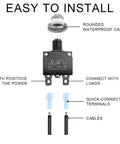 5 Pack Thermal Circuit Breakers 125/250V AC, 32V DC, 10A With Manual Reset Push Button shown with waterproof cover and terminals