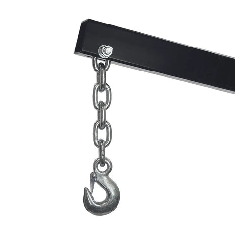 Savage Folding Hydraulic Engine Hoist Stand hook and chain detail, designed for 2 Ton Cherry Picker use.