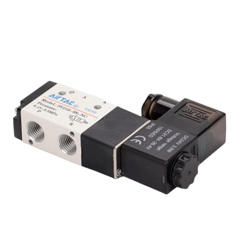 DC24V 3/2 Way Solenoid Valve, 1/4 Inch PT, Normally Closed, Aluminum Body, Model 3V210-08, front view, for industrial air systems